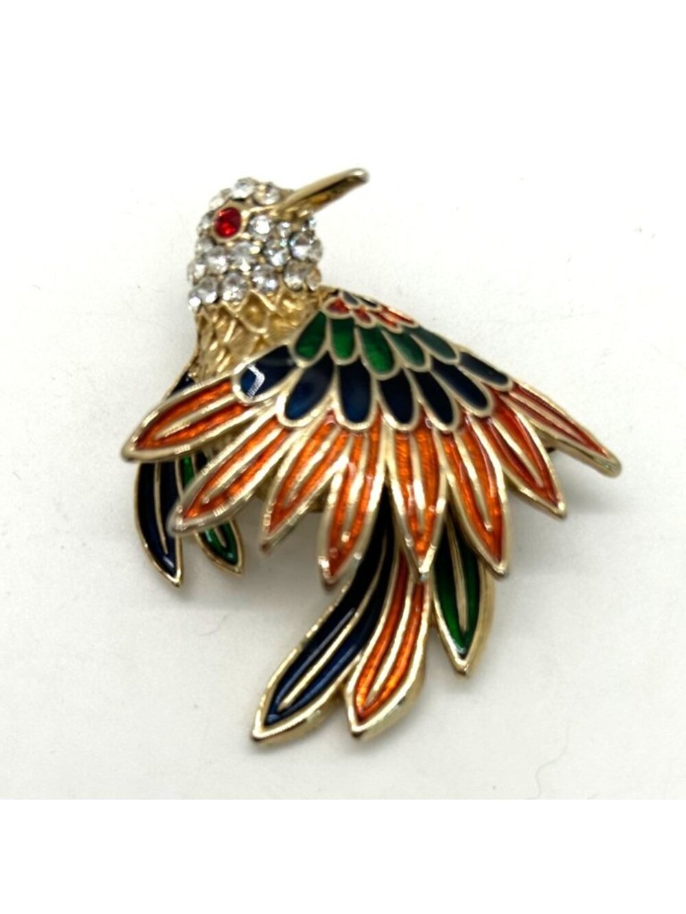 Vintage Hummingbird Brooch Rhinestone Accents Enameled Wings Gold-Tone Nature